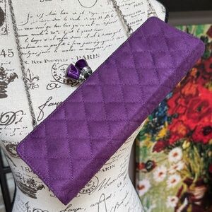 Sondra Roberts Quilted Purple Suede Long Clutch with Jewel Kiss Lock